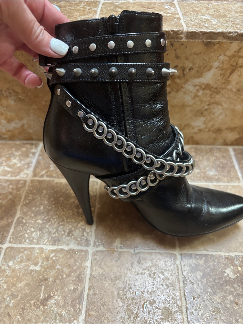 Yves Saint Laurent Black Leather Studded Ankle Boot with Silver Chain
